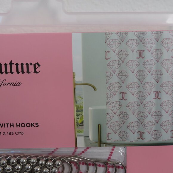 (#110) Juicy Couture White and Pink Shower Curtain with Hooks - Picture 3 of 5